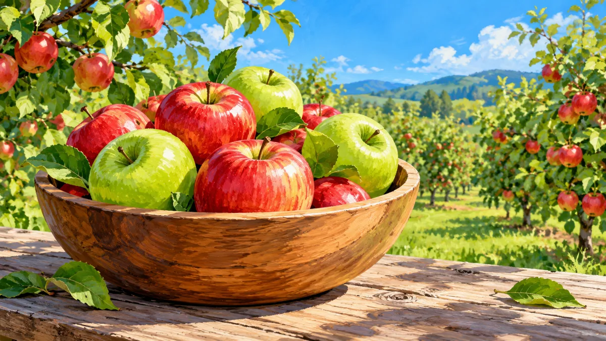 Red and green apples in a bowl in an orchard