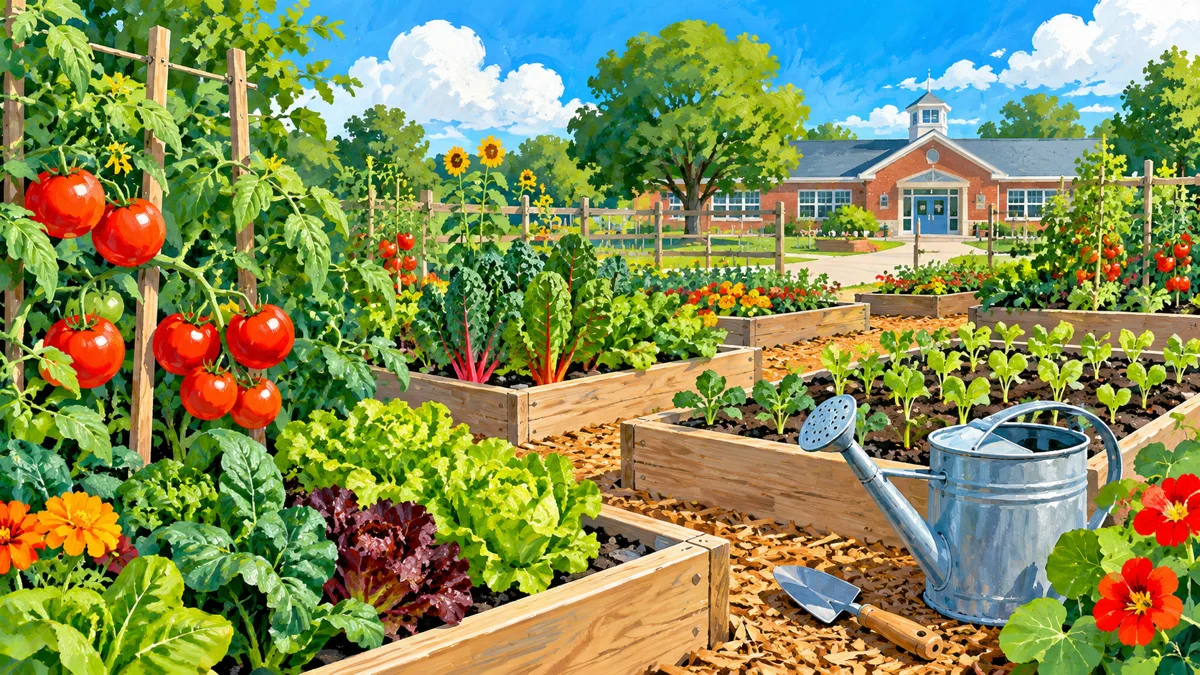 Raised vegetable beds in a school garden