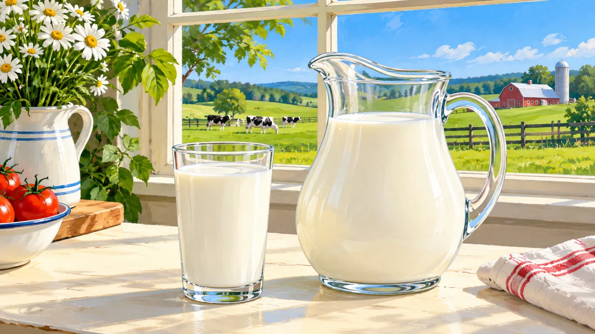 Glass and pitcher of milk on a farm kitchen table